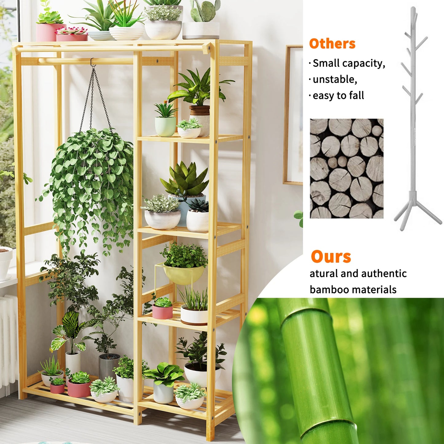 6-Tier Bamboo Garment Rack Open Wardrobe Stand With Hanging Cover