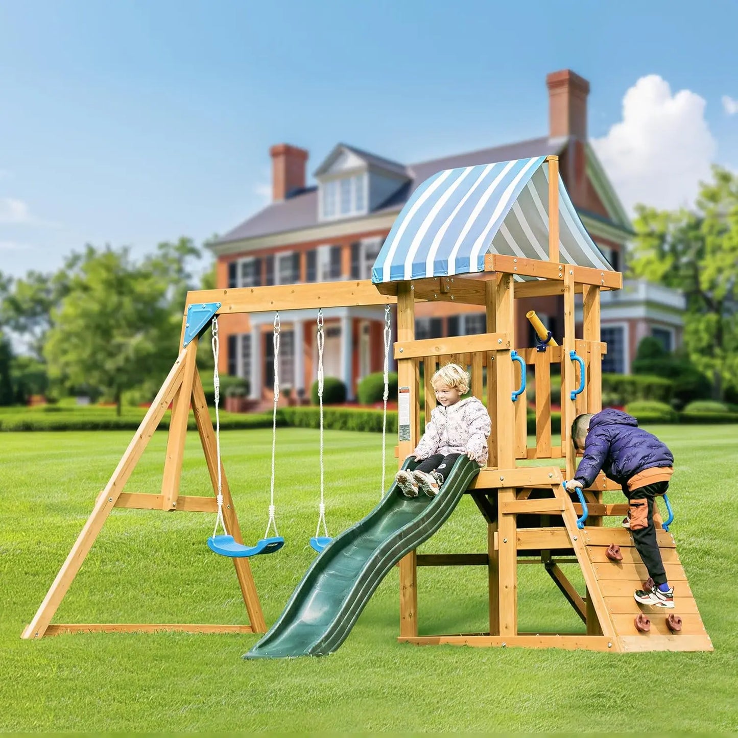 Rolife Wooden Swing Set For Kids With Climbing Wall Outdoor