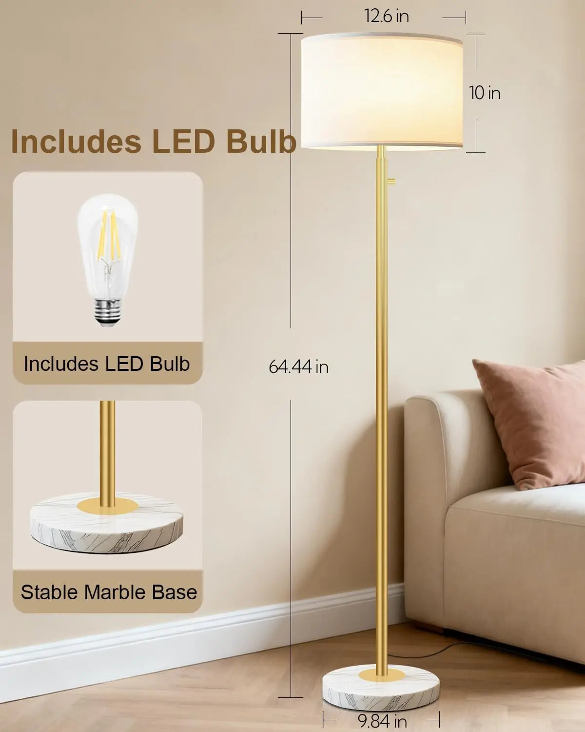 Modern Dimmable Floor Lamp With Marble Base And Linen Shade