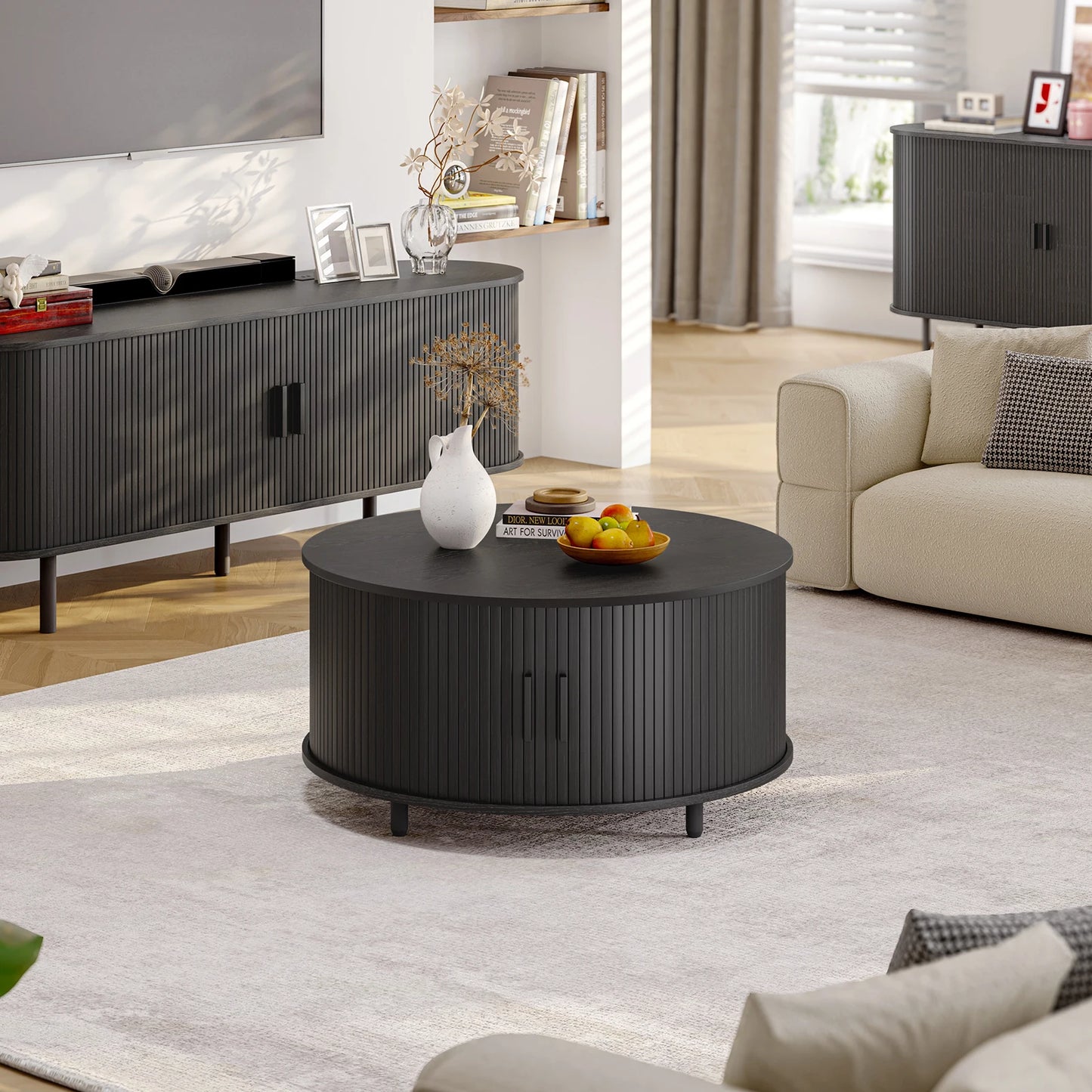 Round Coffee Table With Storage Drum Design And Sliding Door