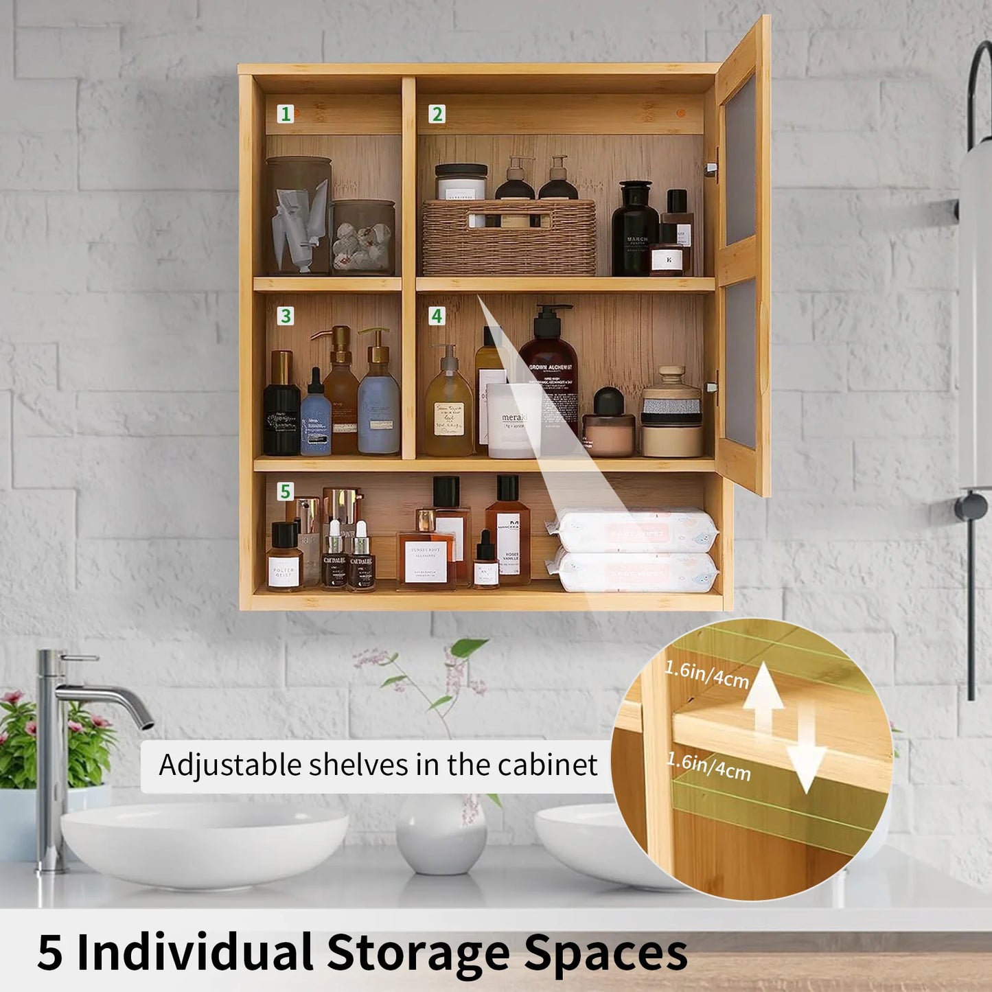 Natural Bamboo Wall Cabinet With Five Tier Open Storage