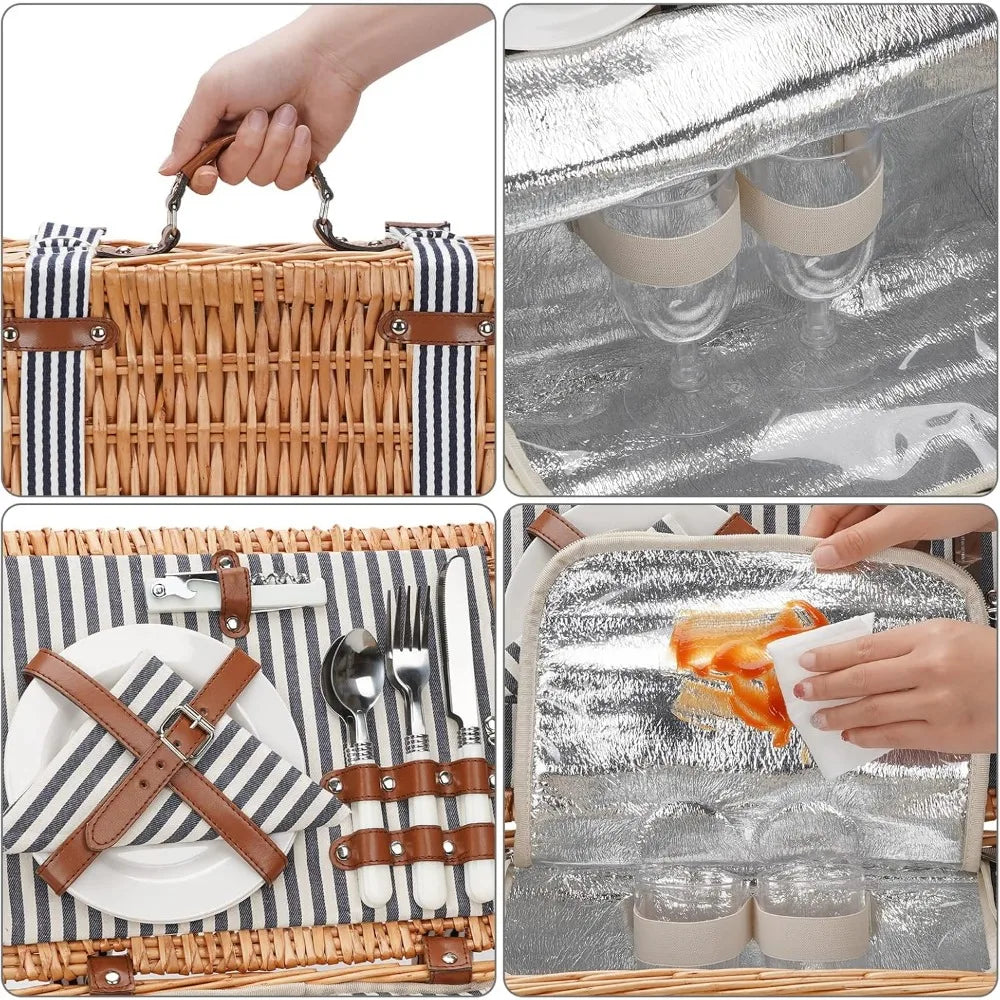 NBVCX Handmade Wicker Picnic Set For Two With Insulated Cooler And Cutlery