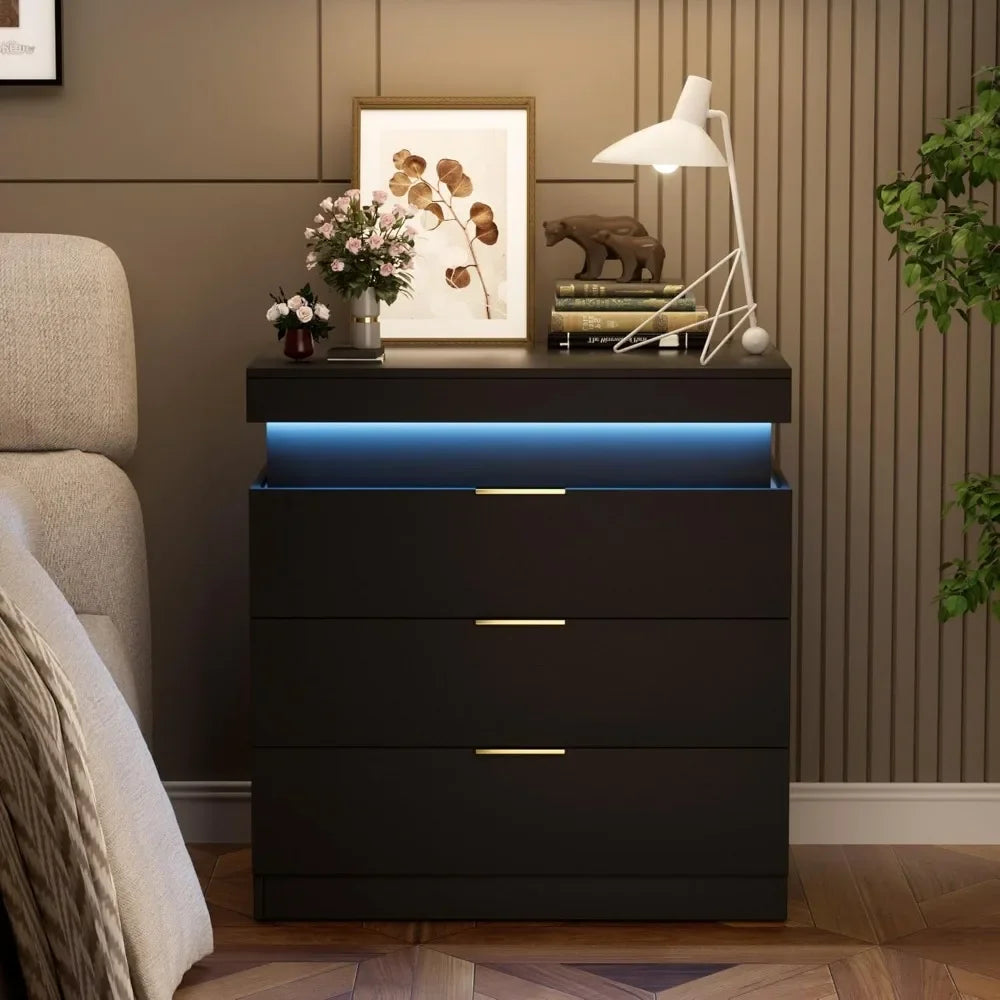 Nightstand With LED Lighting And Charging Station, Sliding Top, Three-Drawer