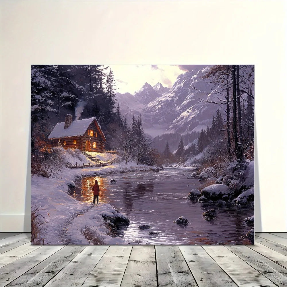 Winter Cabin River View Wall Mural With Pine Frame