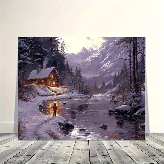 Winter Cabin River View Wall Mural With Pine Frame