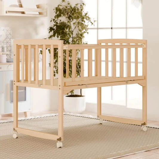 Pine Wood Bedside Bassinet With Detachable Fence And Wheels