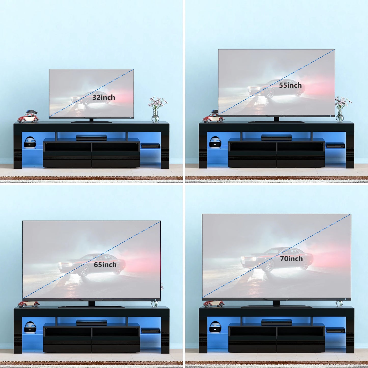 QiaoShiRen LED TV Stand With Storage Drawers Modern Black Cabinet