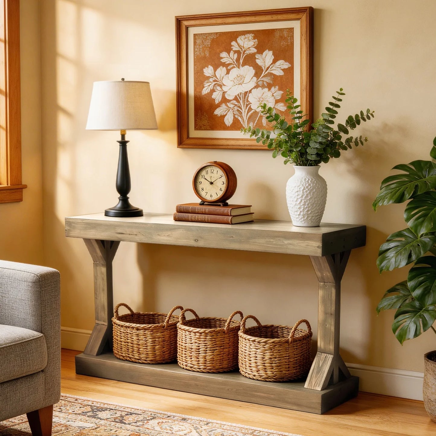 American Country Wood Sofa Console Table With Storage Shelf