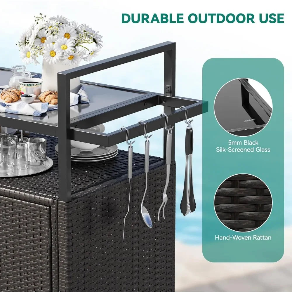 Large Outdoor Kitchen Wicker Island Rolling Cart & Patio Bar Table, w/Wheels and Black Glass Table Top Backyard and Poolside Da