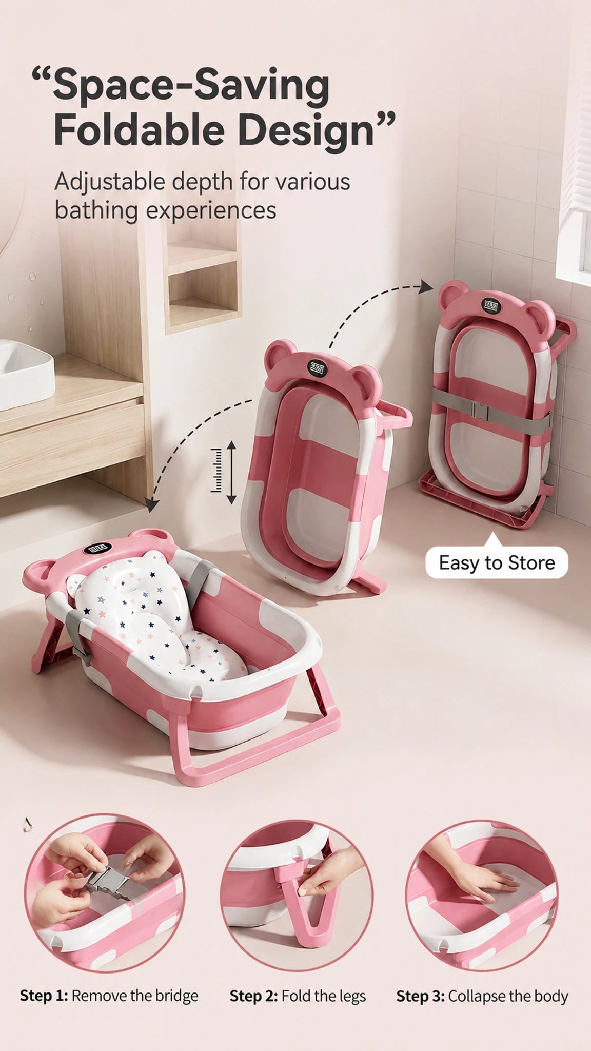 Portable Foldable Baby Bathtub With Thermometer, Cushion And Drain Hole