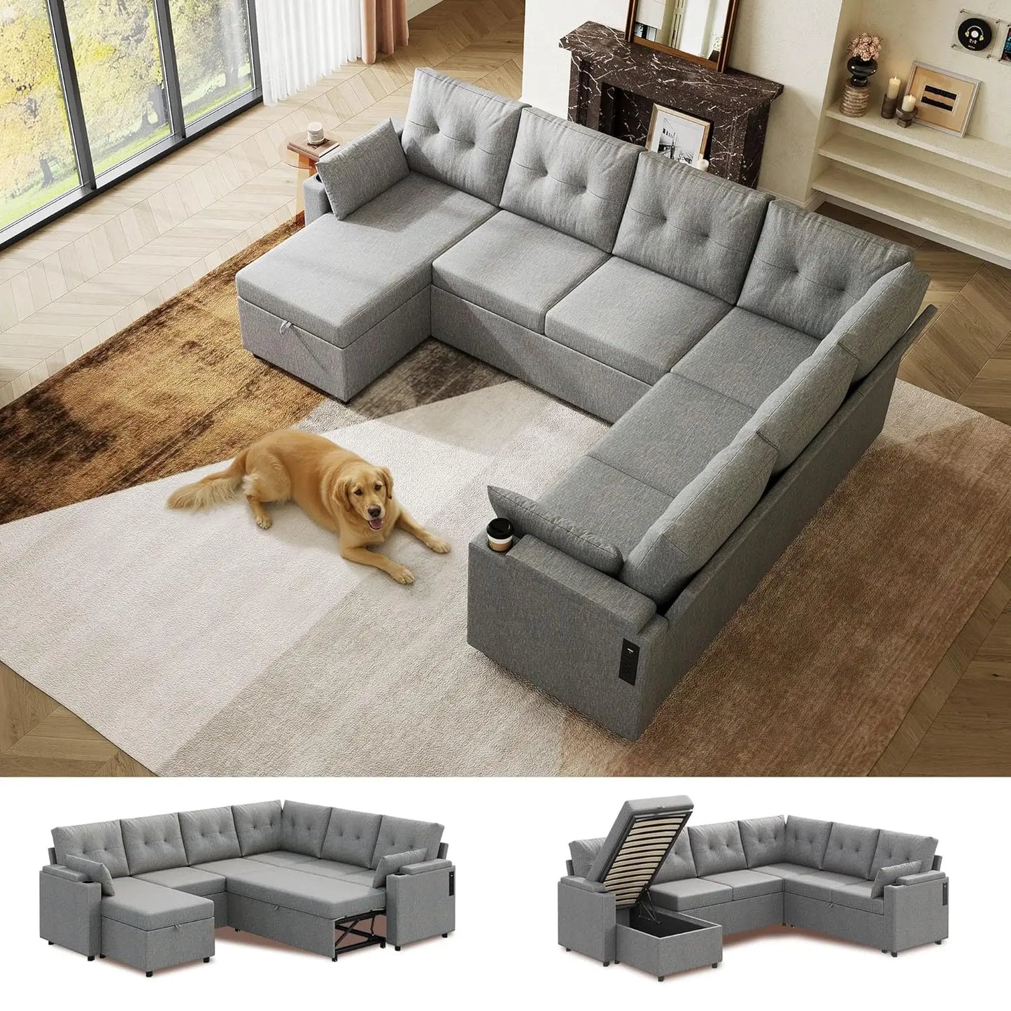 Sectional Sofa With Storage Chaise And Sleeper In Linen