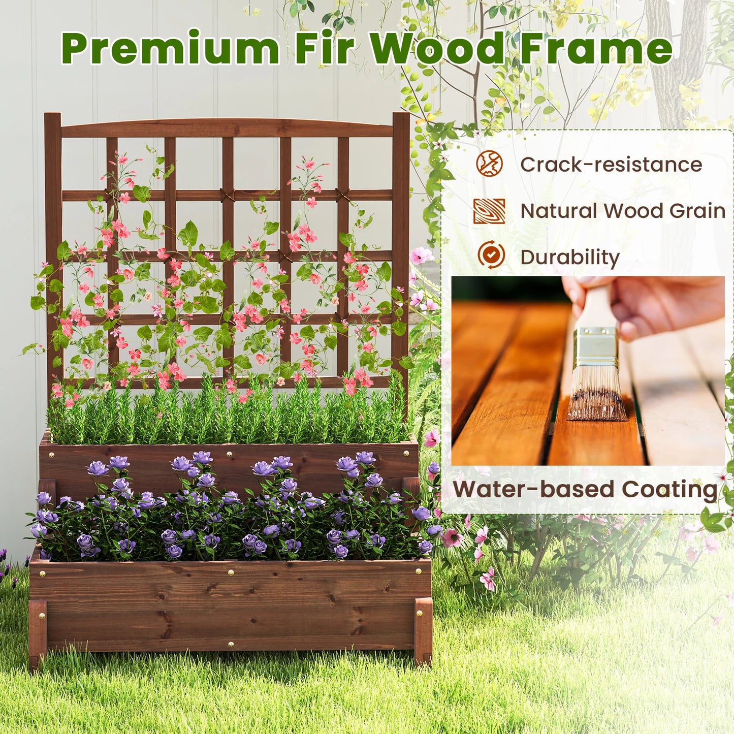 Raised Garden Bed with Trellis w/ Drainage Holes Legs Twisting Rope for Backyard