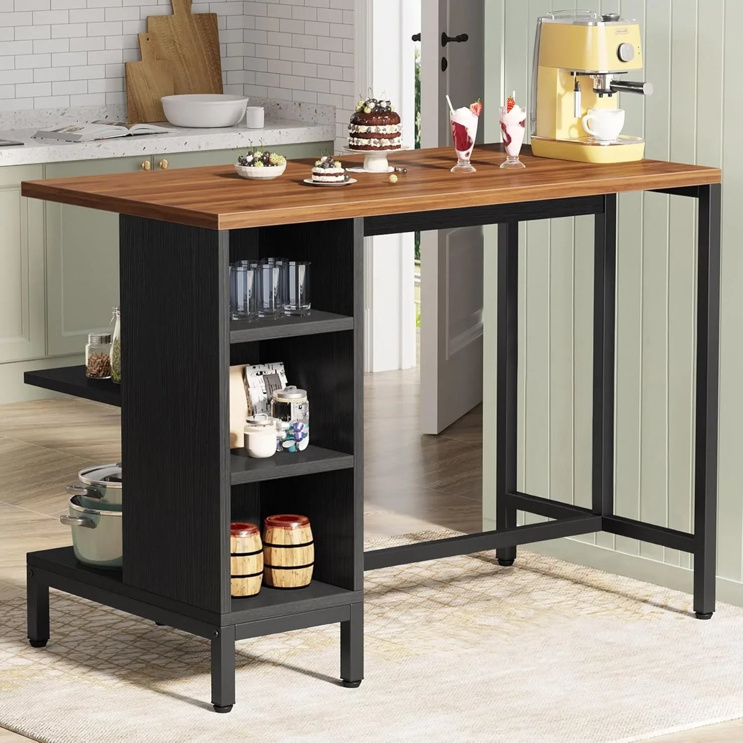 Kitchen Shelf Kitchen Bar Table with 5 Open Storage Shelves and Worktop, Industrial Butcher Block Island (Stools Not Included)
