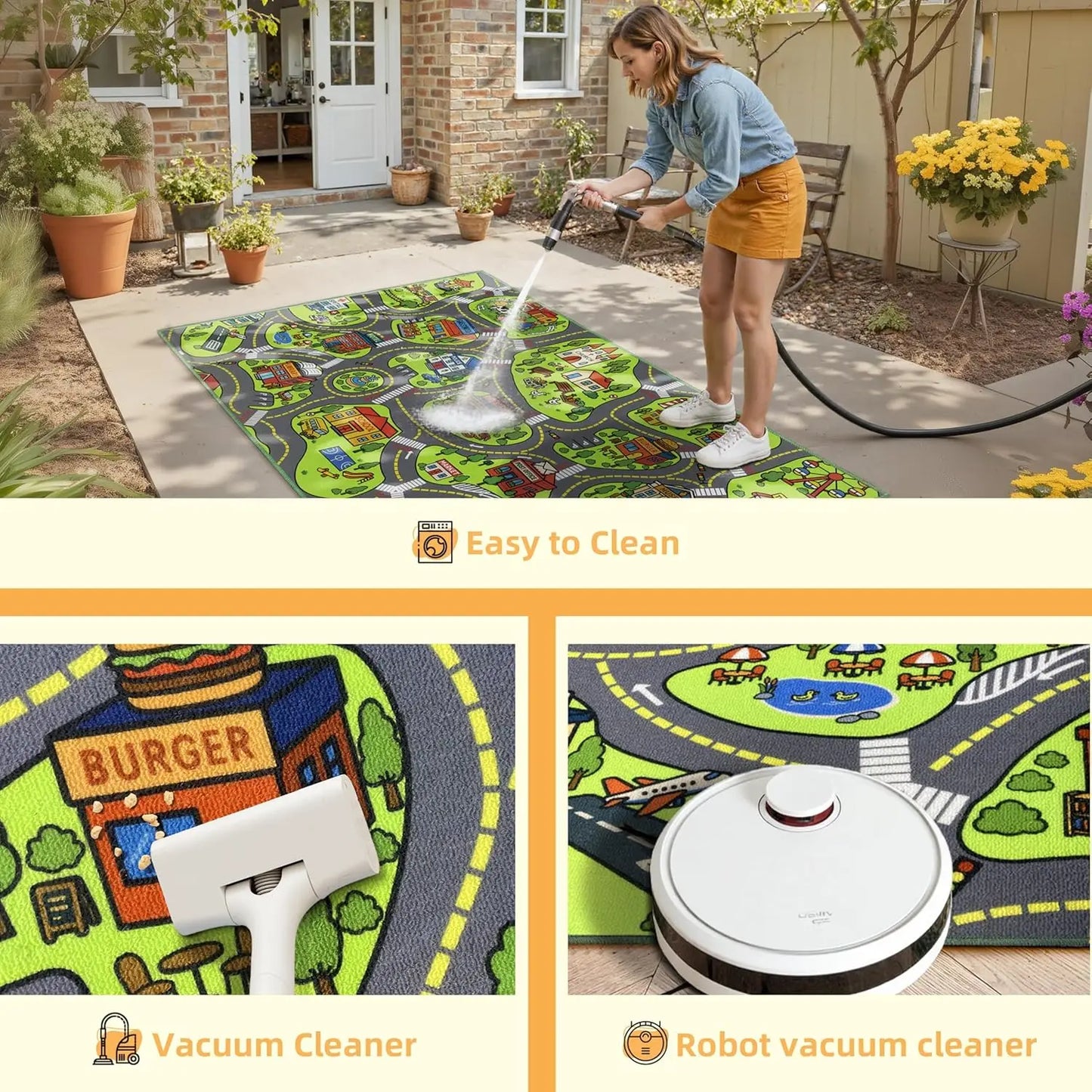 Kids Car Playmat Rug with City Map Design, Non-Slip Backing, Washable and Educational Toy Car Track Mat for Children