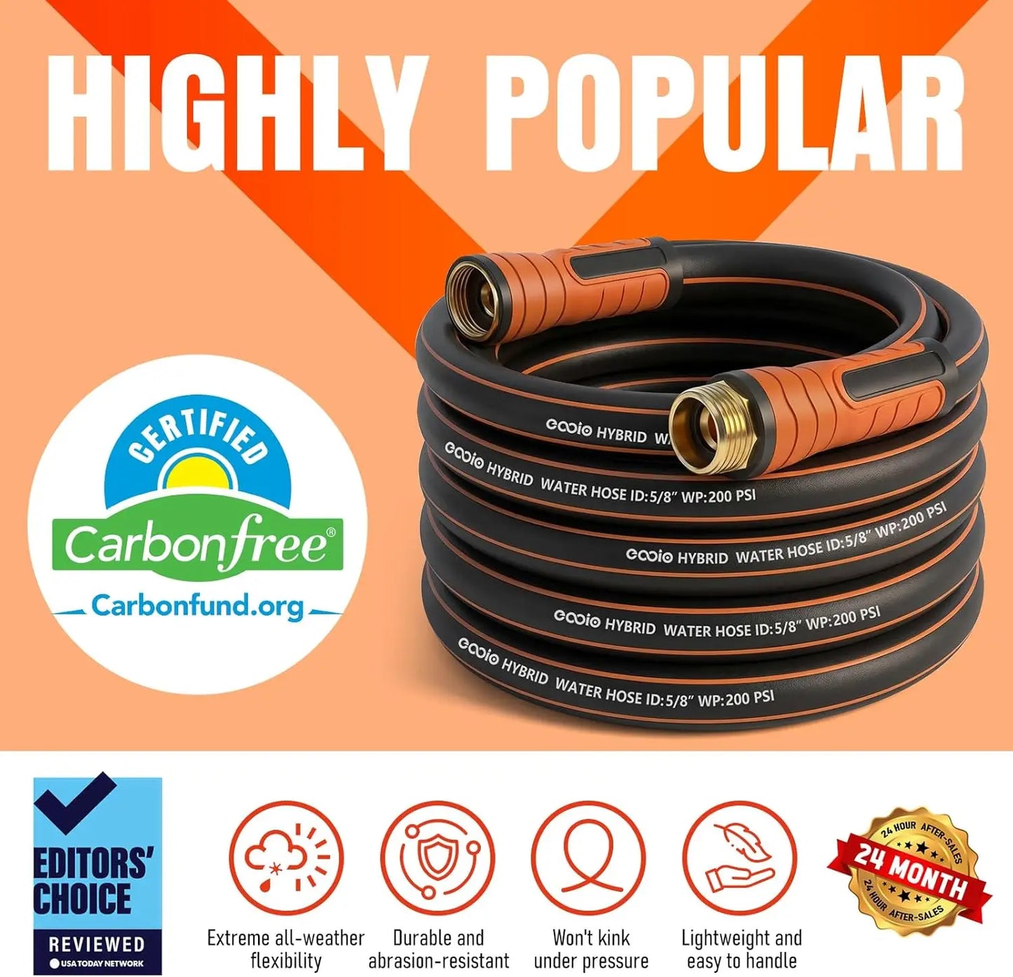 25 ft x 5/8" Heavy Duty Garden Hose, Flexible Durable Kink Resistant Lightweight Hybrid Leakproof with Fittings