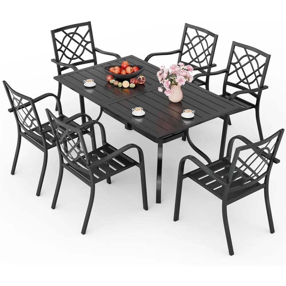 NBVCX Patio Dining Set With Rectangle Table And Umbrella Hole Stackable Chairs
