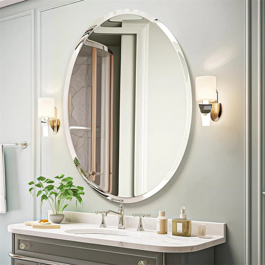 Oval Frameless Bathroom Mirror With Beveled Edge For Living Room