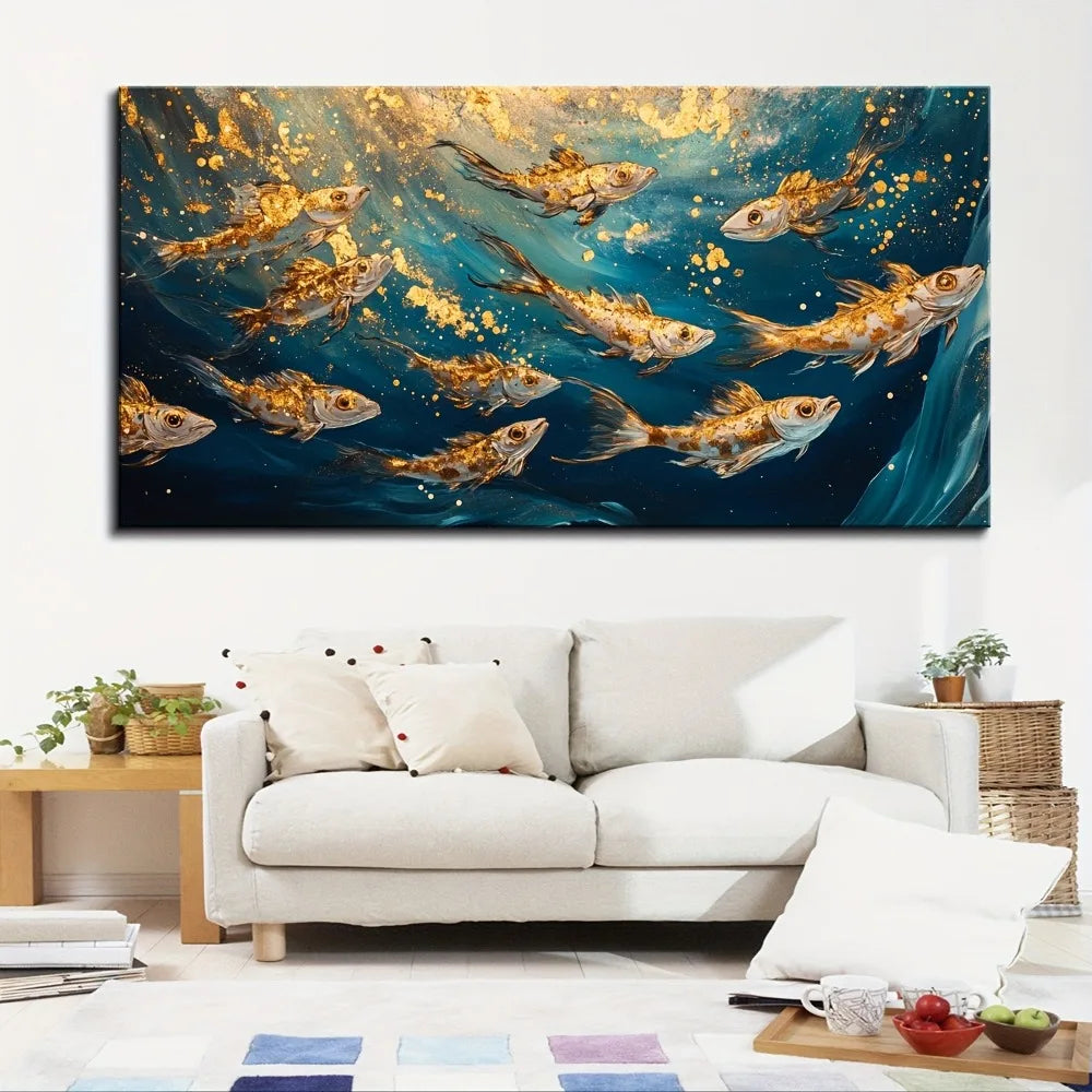 Abstract Ocean Goldfish Painting In Pine Wood Frame