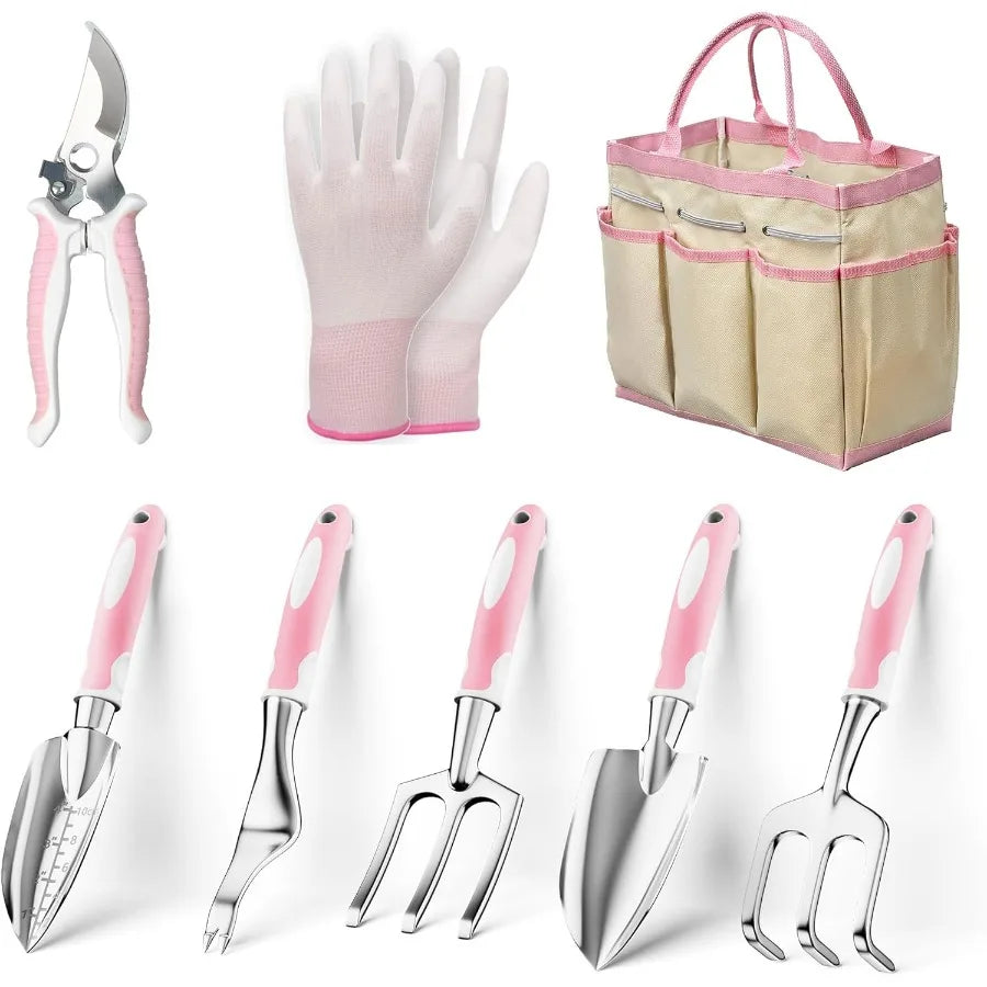 Garden Tools 8 Piece Gardening Tools with Bag Heavy Duty Stainless Steel Garden Tools Set Outdoor Hand Tools for Planting Weedi