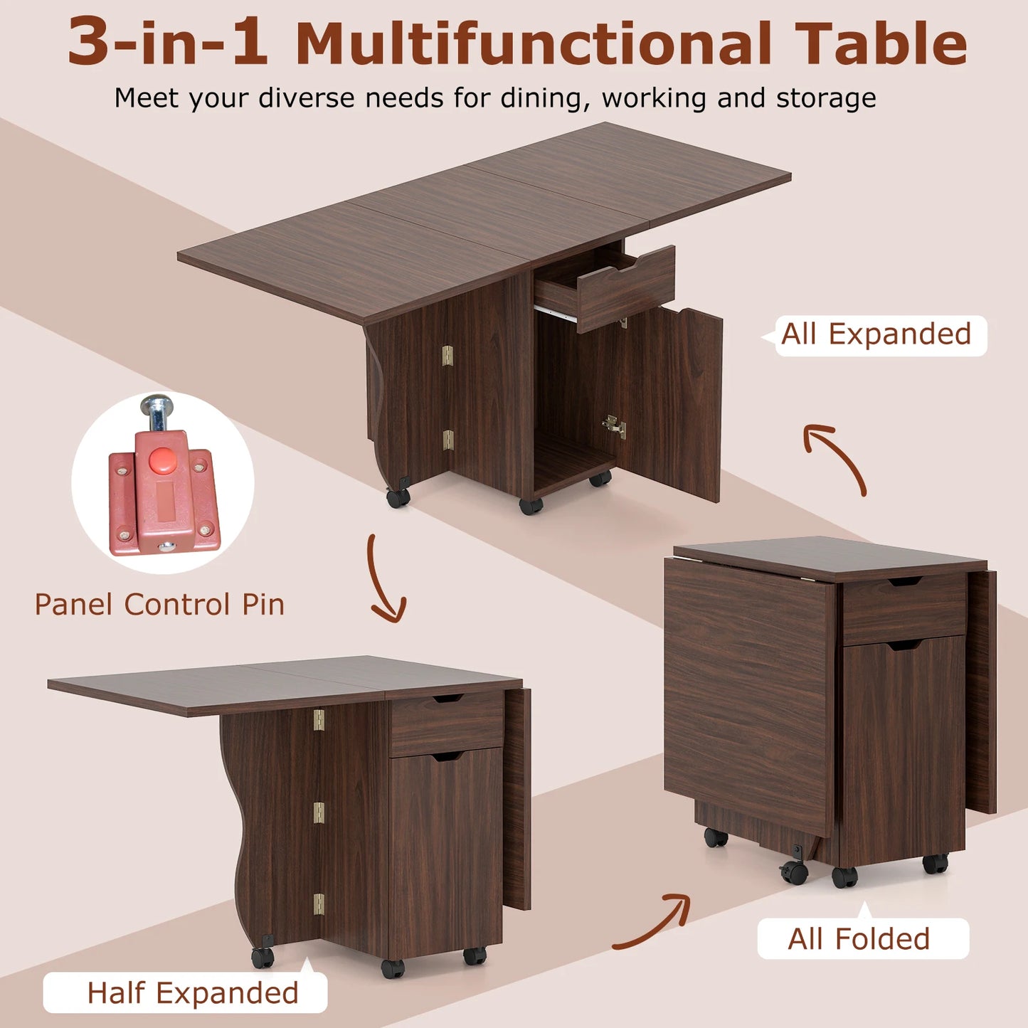 HOMASIS Folding Dining Table With Lockable Wheels for Small Spaces