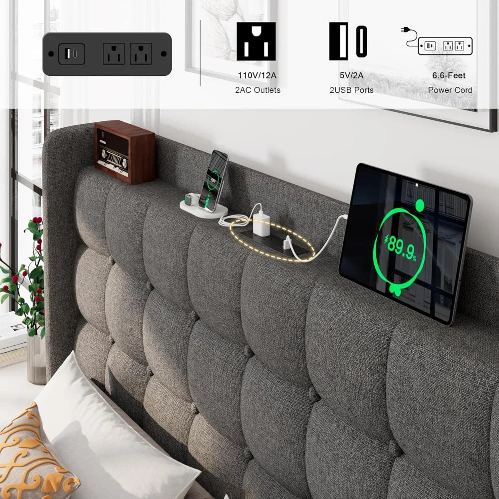 Upholstered Platform Bed Frame With Charging Station And Storage Headboard