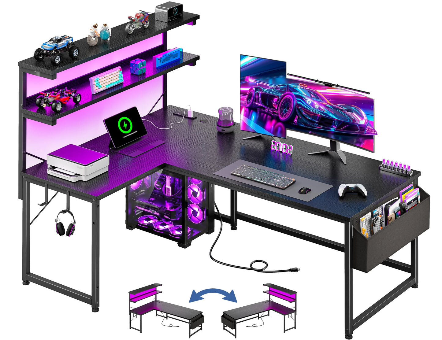EnHomee L Shaped Office Desk With RGB LED Lights And Storage Shelf
