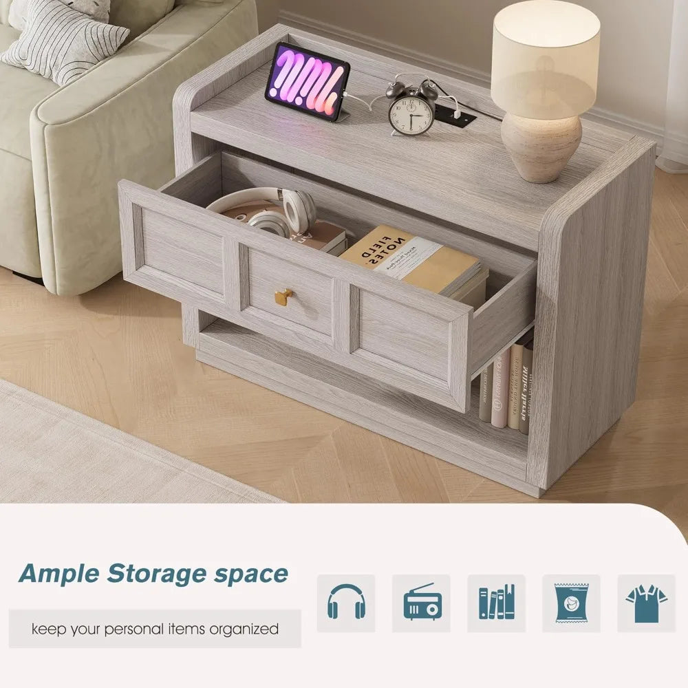 Nightstand With Charging Station And Large Drawer Farmhouse Bedside Table