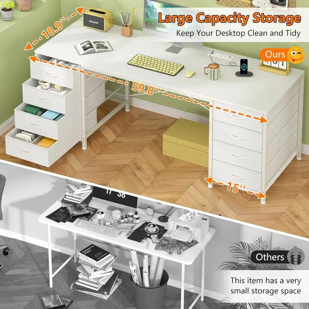 60 Inch Rectangular Computer Desk With 8 Fabric Drawers And Power Outlets