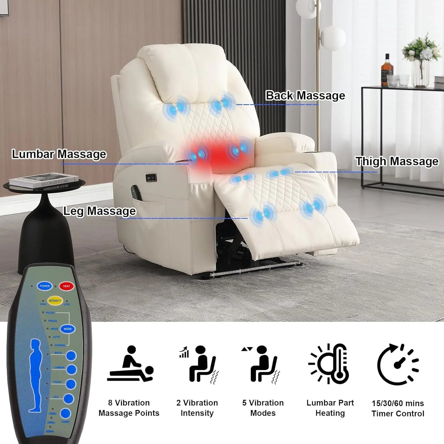 Power Recliner Chair With Heat And Massage PU Leather