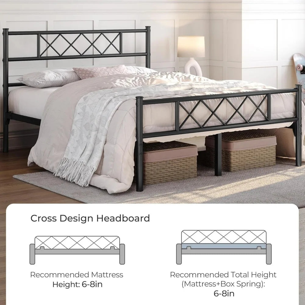 Queen Size Metal Platform Bed Frame with Simple Headboard and Footboard, Mattress Foundation for Under Bed Storage, St