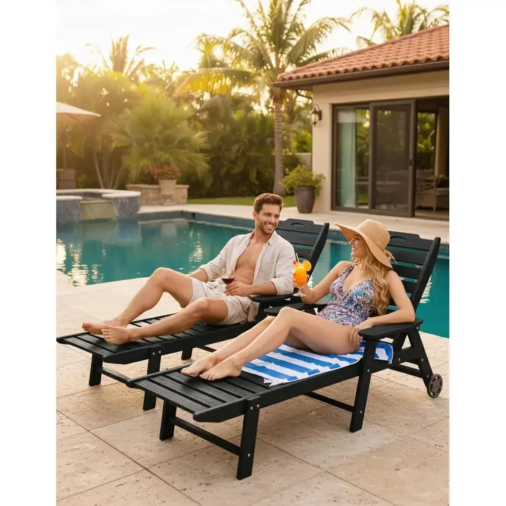HDPE Chaise Lounge Chair Set With Wheels Adjustable Backrest