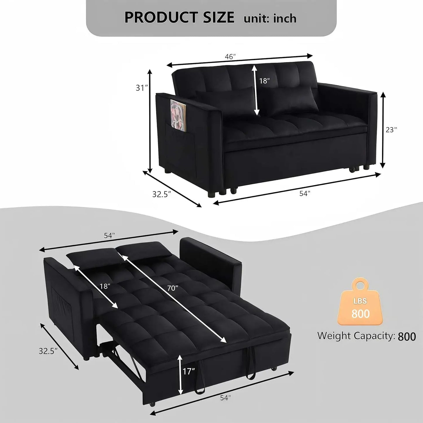Loveseat Sleeper Sofa Three In One Convertible With Adjustable Backrest