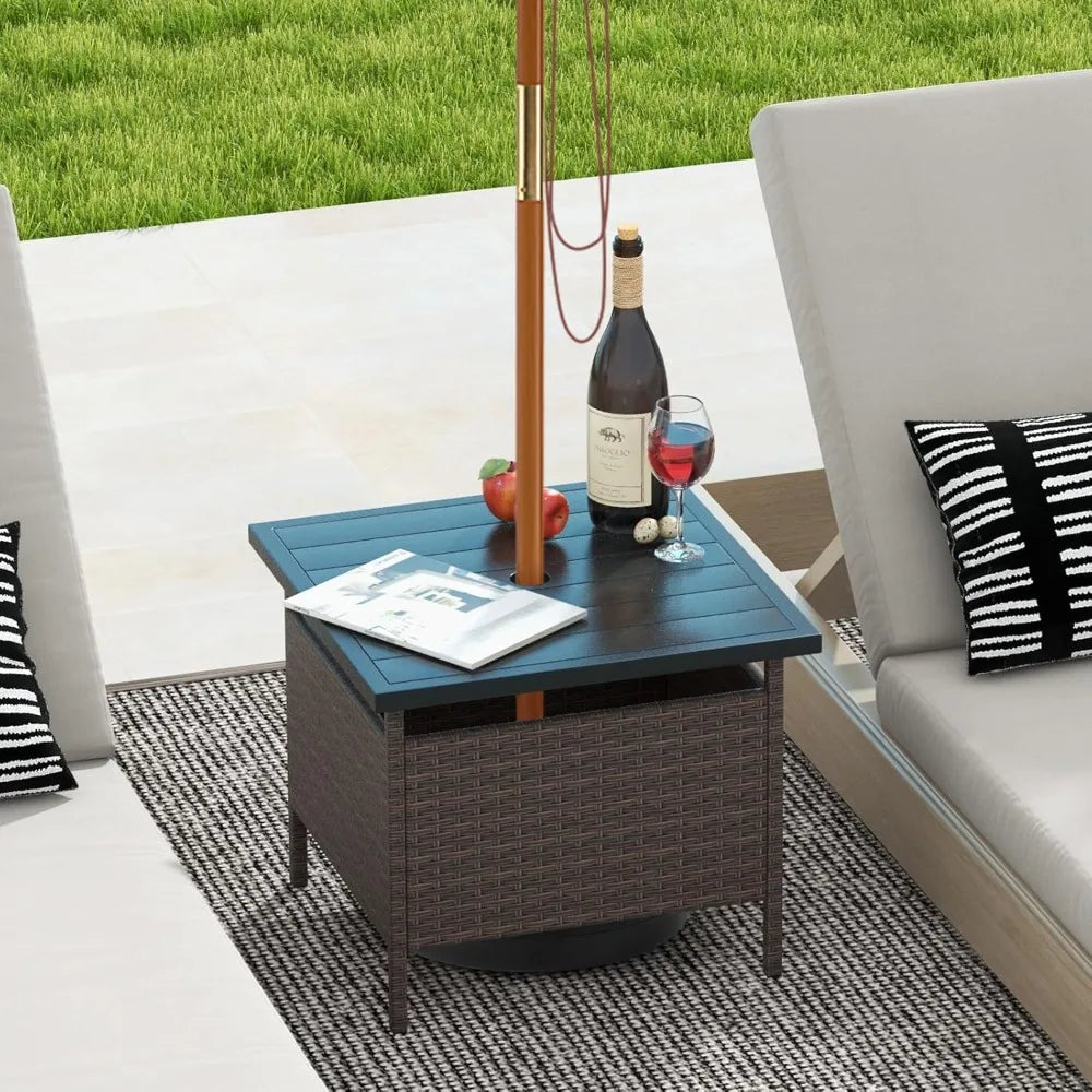 Outdoor Rattan Umbrella Side Table HDPE Top With Metal Frame