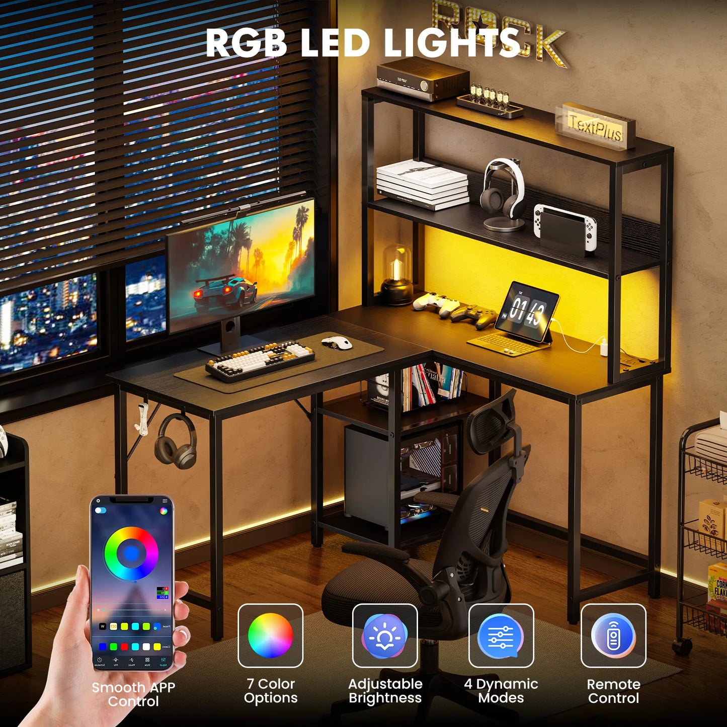 JHK 53 Inch L Shaped Gaming Desk With USB And LED