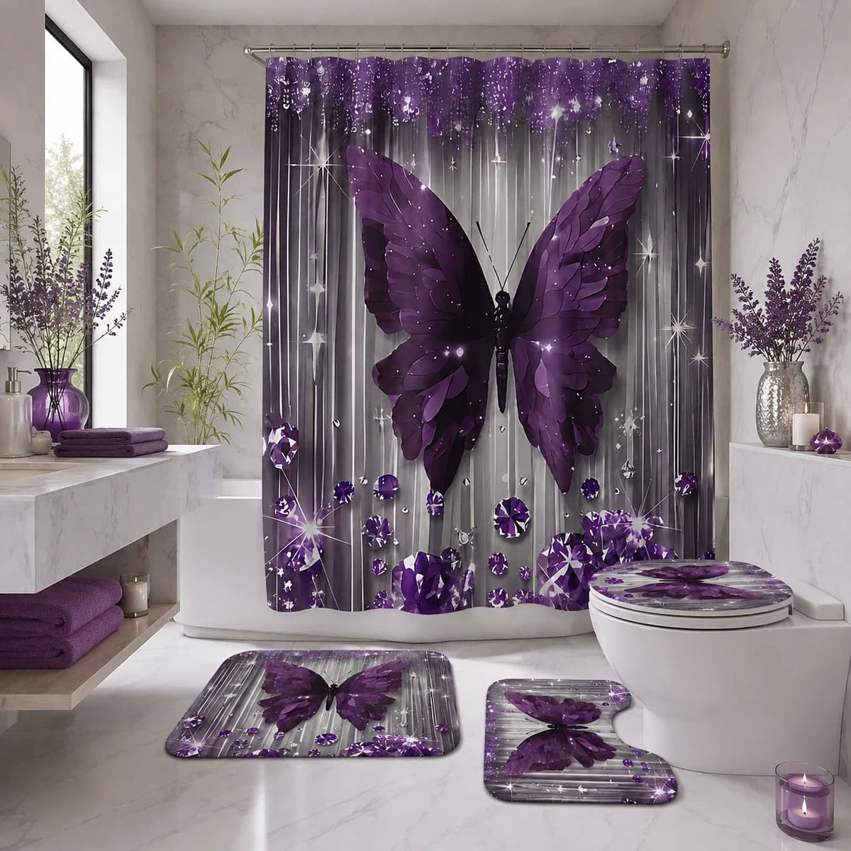 Butterfly Bathroom Set With Shower Curtain Rug And Toilet Cover