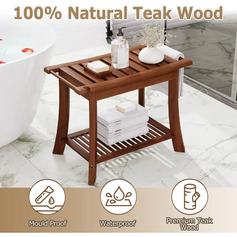 Teak Shower Bench With Storage Shelf And Towel Rack For Indoor Outdoor Baths