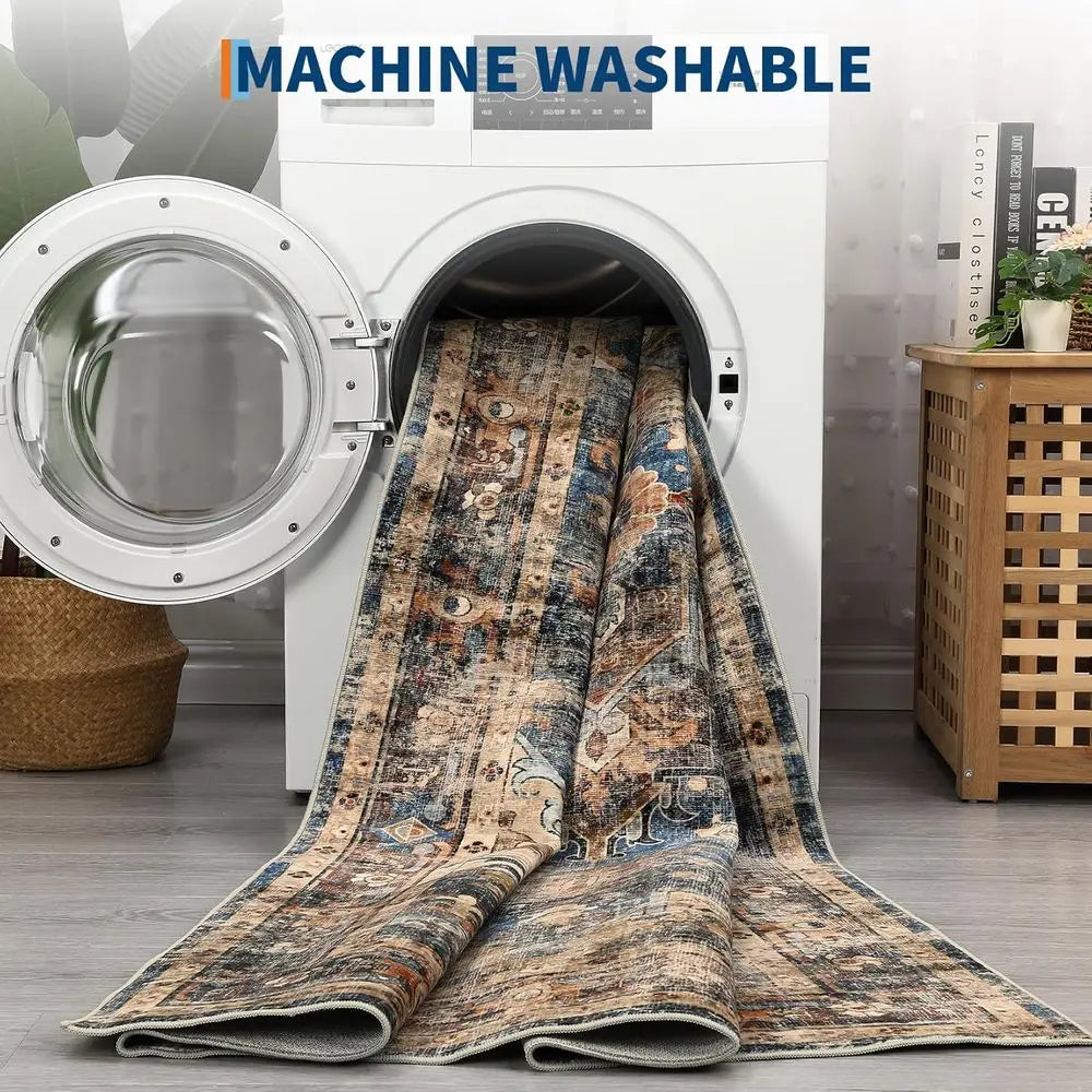 Vintage Living Room Area Rug: Machine Washable, Non-Slip, Stain Resistant Carpet for Indoor, Bedroom, Dining Room - Blue & Brown