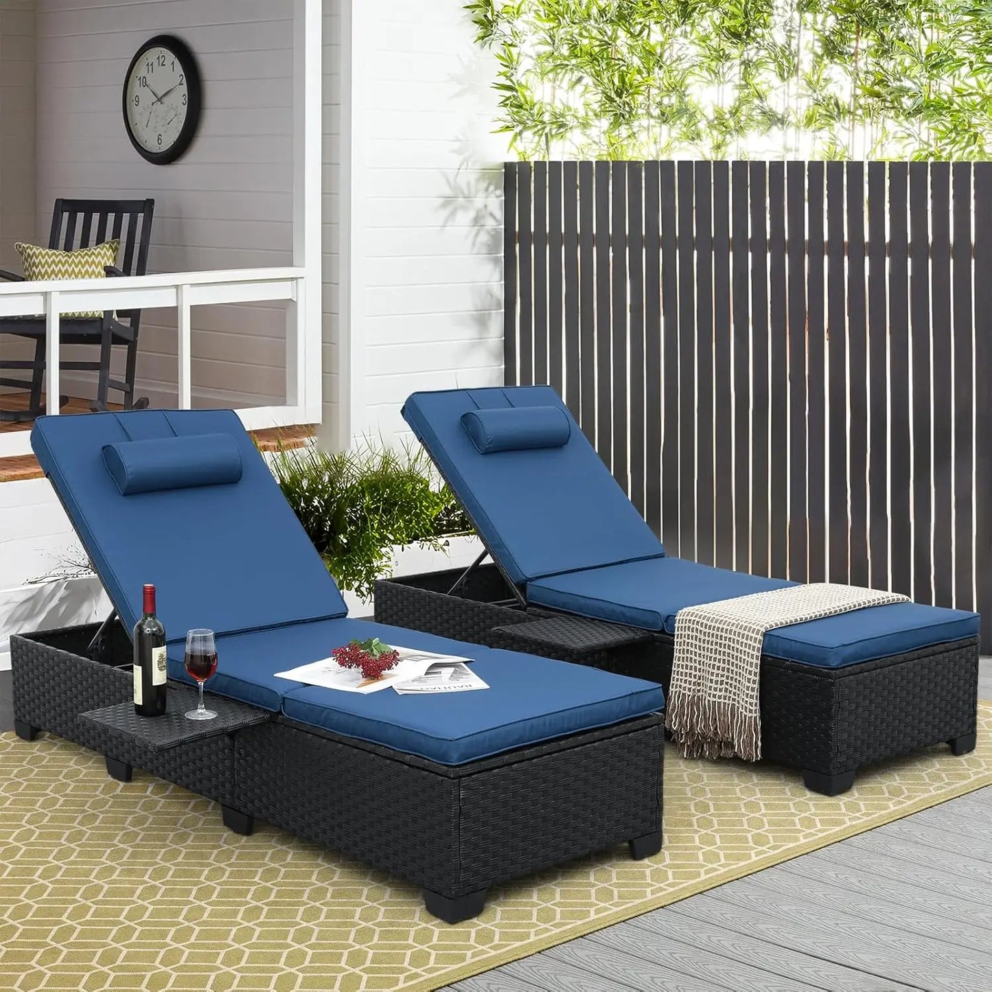 Outdoor Wicker Chaise Lounge Set for Patio with Cushions