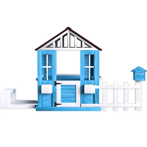 Outdoor Wooden Playhouse For Kids With Picnic Bench And Flowerpot Holders