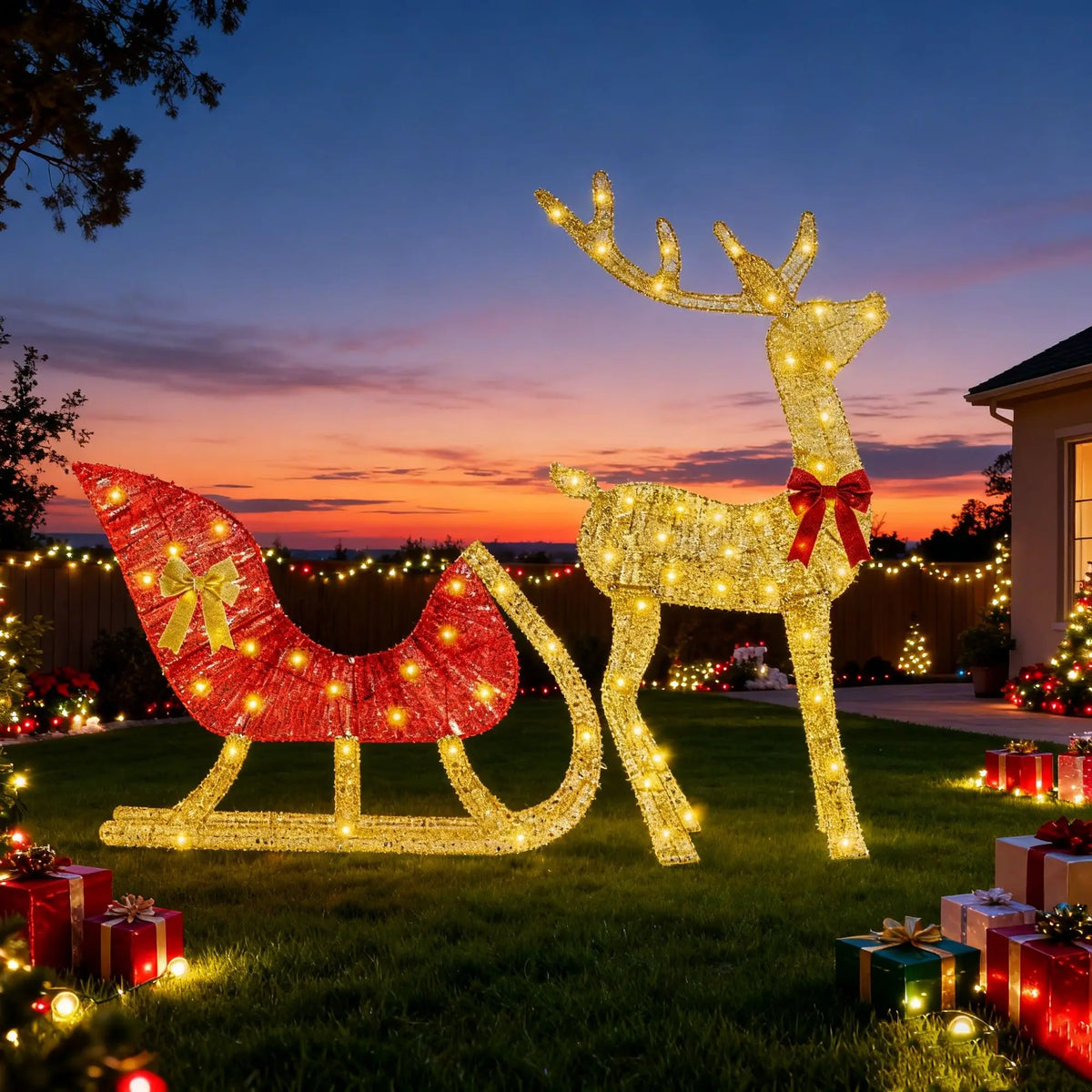 LED Christmas Reindeer Sleigh Outdoor Decoration With Iron Frame