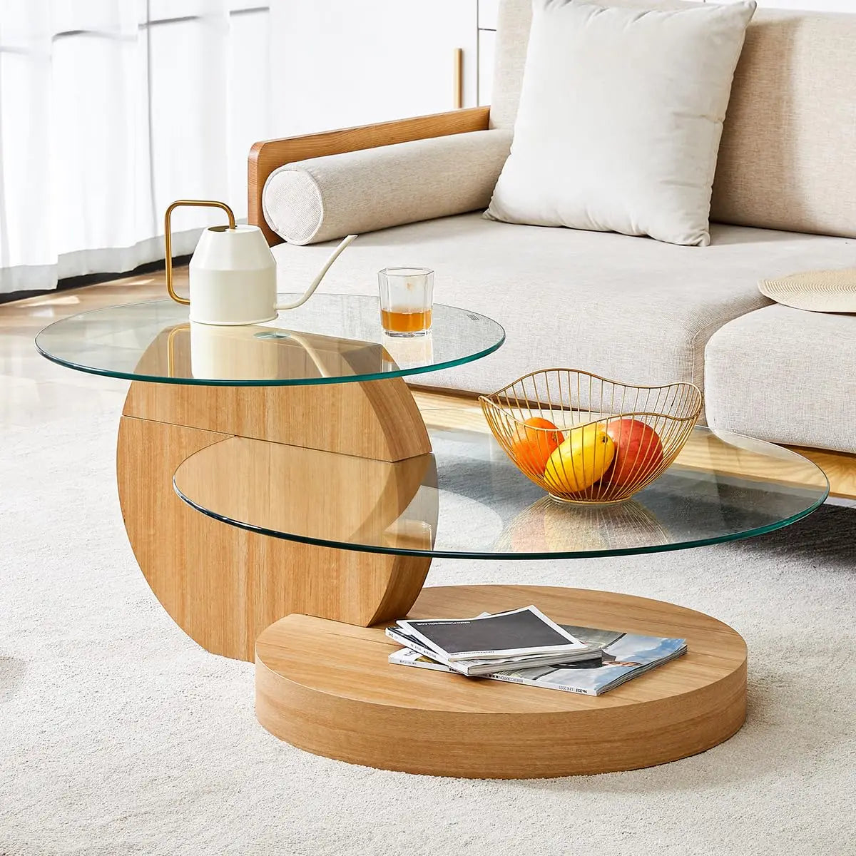 Tempered Glass Coffee Table With Three Tier Wood Base