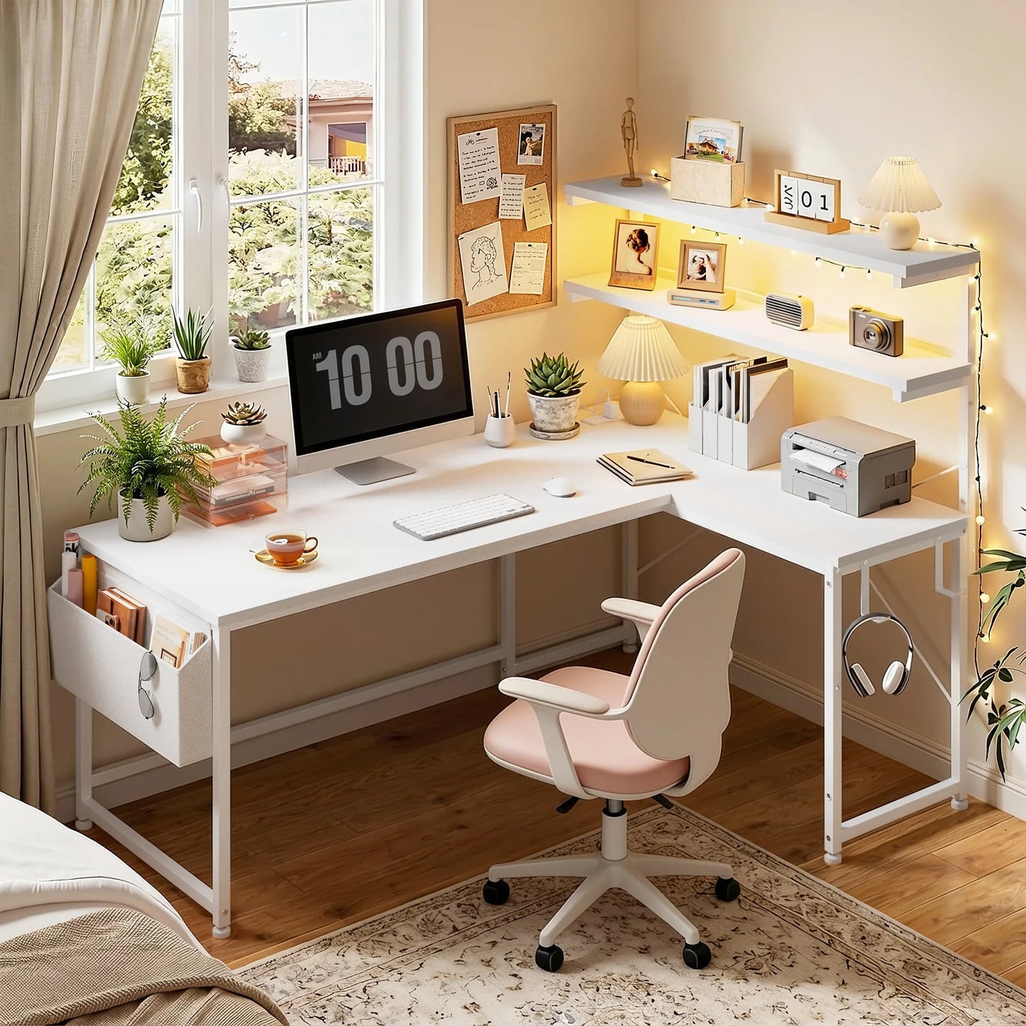EnHomee L Shaped Office Desk With RGB LED Lights And Storage Shelf