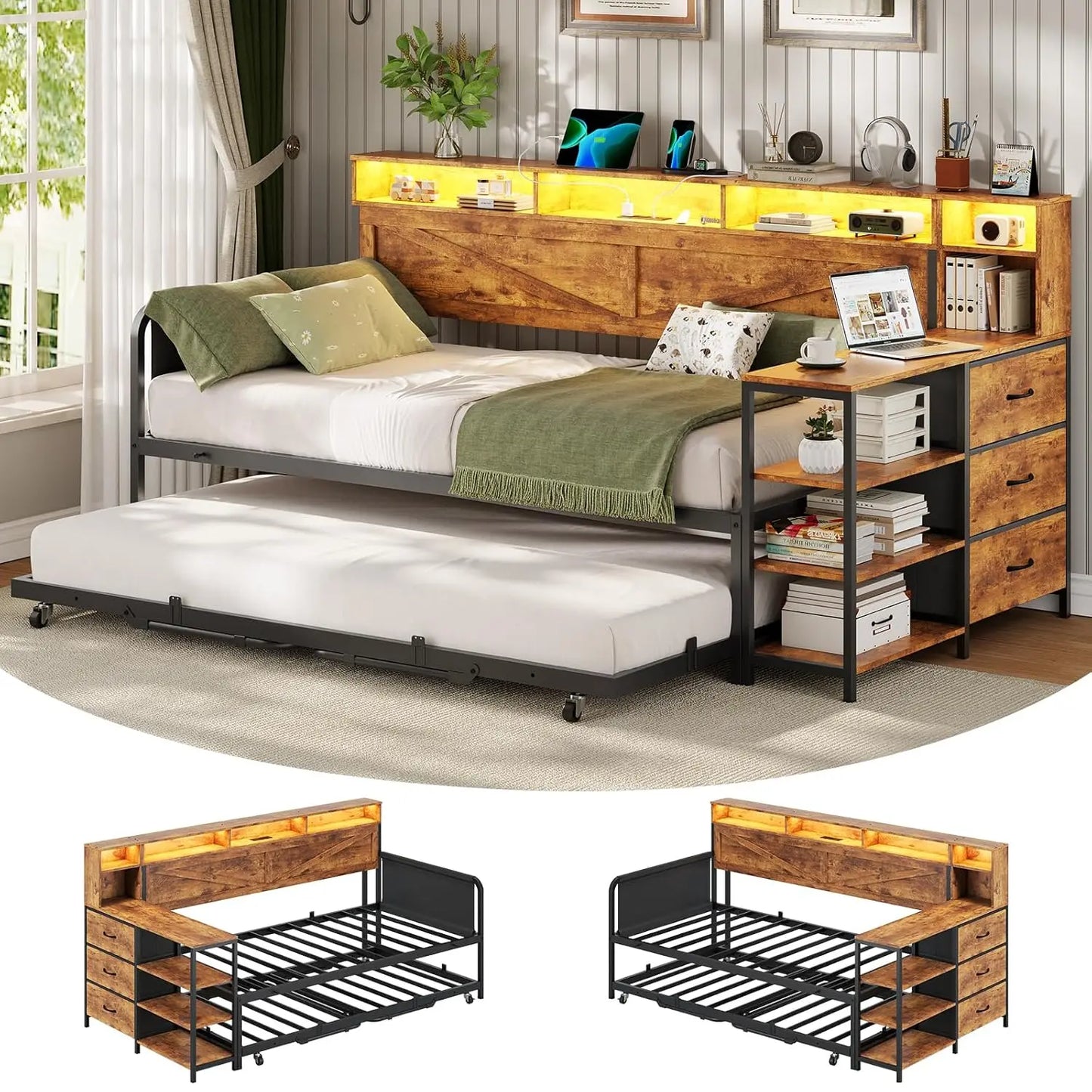 Folded Daybed With Pop Up Trundle And Storage Drawers