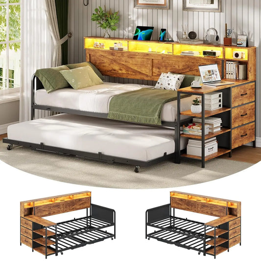 Folded Daybed With Pop Up Trundle And Storage Drawers