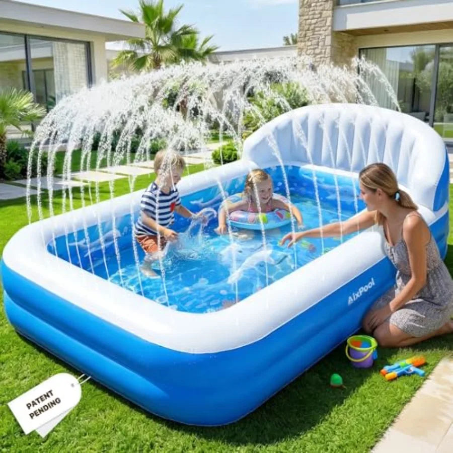 Rectangular Inflatable Pool With Sprinkler And Big Backrest