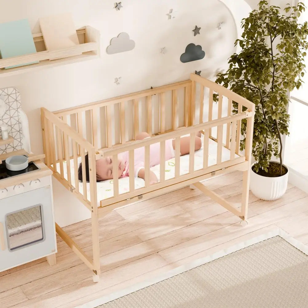Pine Wood Bedside Bassinet With Detachable Fence And Wheels