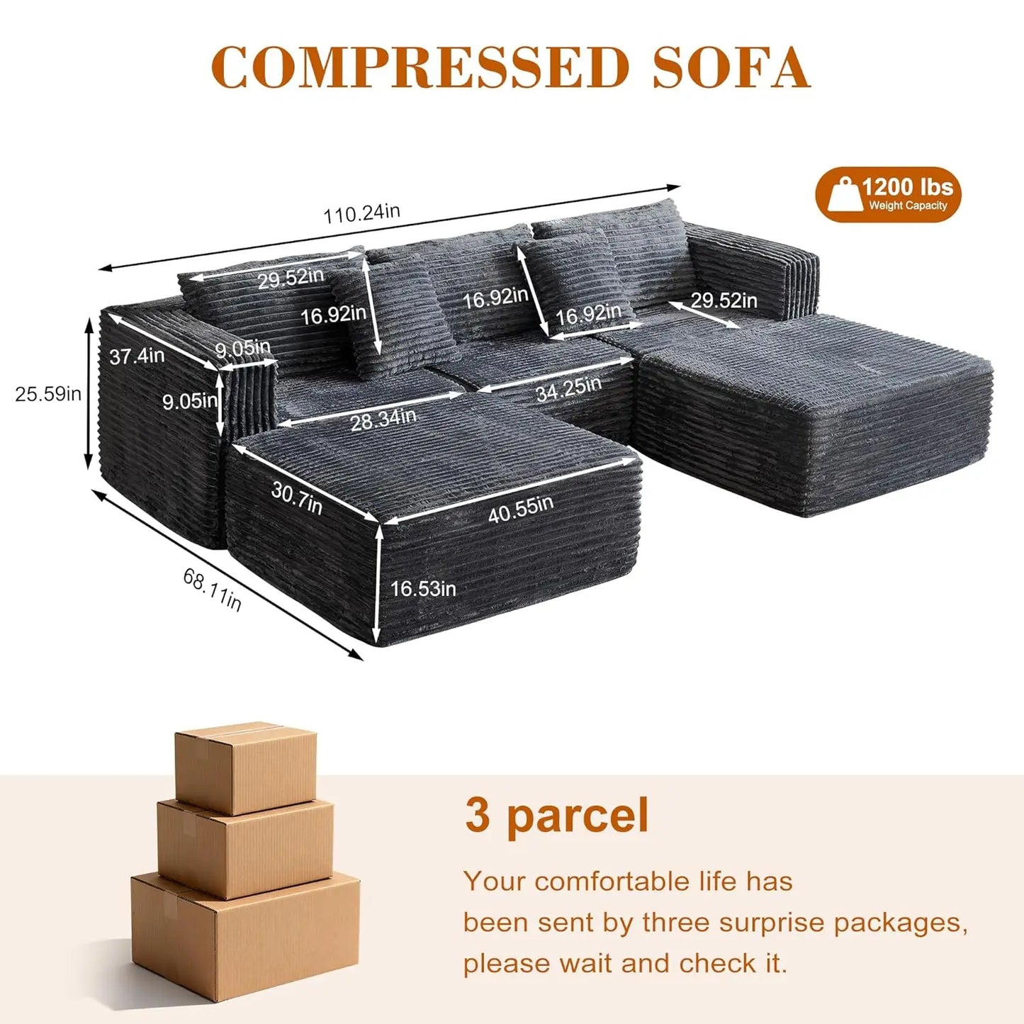 Corduroy Modular Sectional Sofa With Ottomans And Convertible Cloud Couch