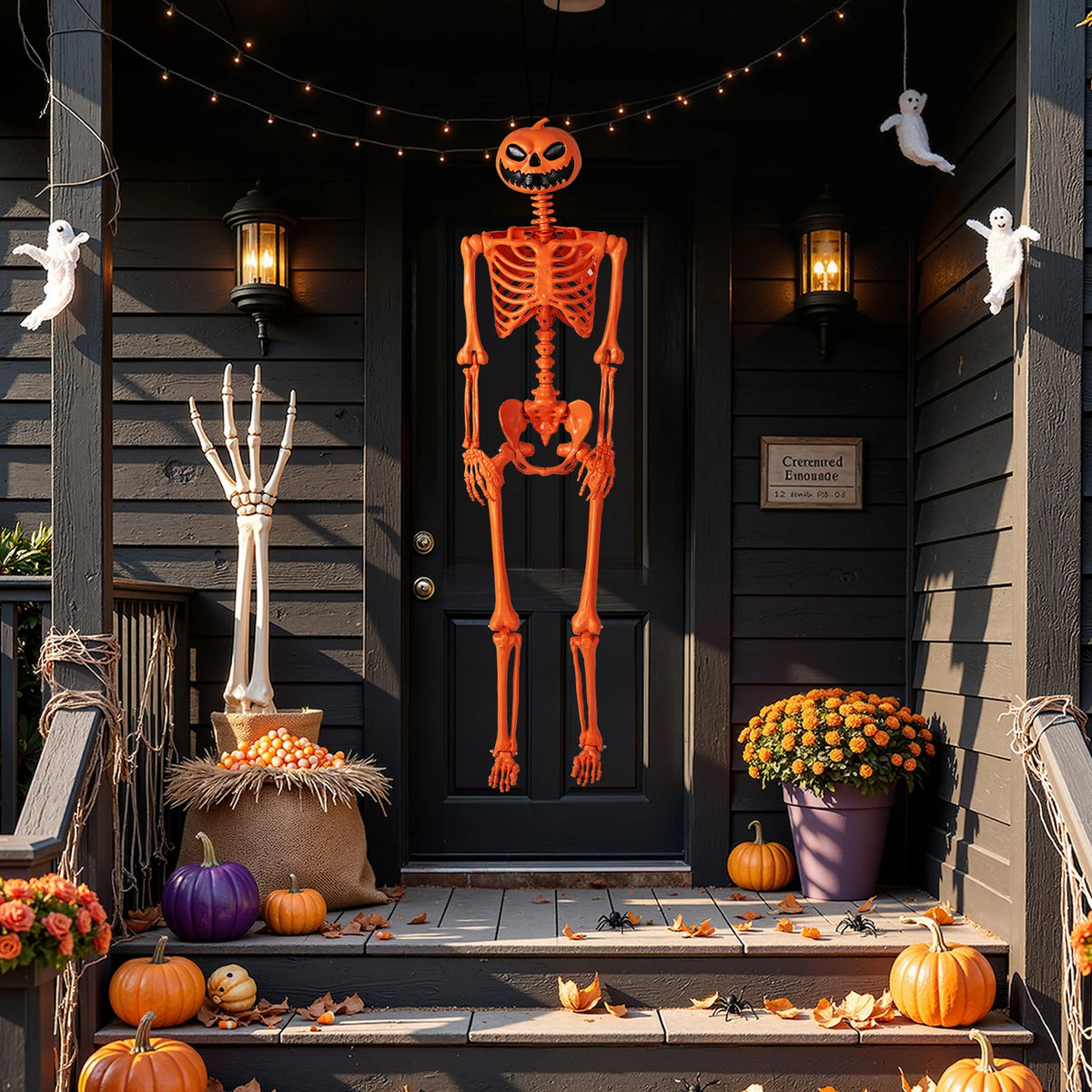LIFEZEAL Poseable Pumpkin Head Skeleton Halloween Decoration Prop