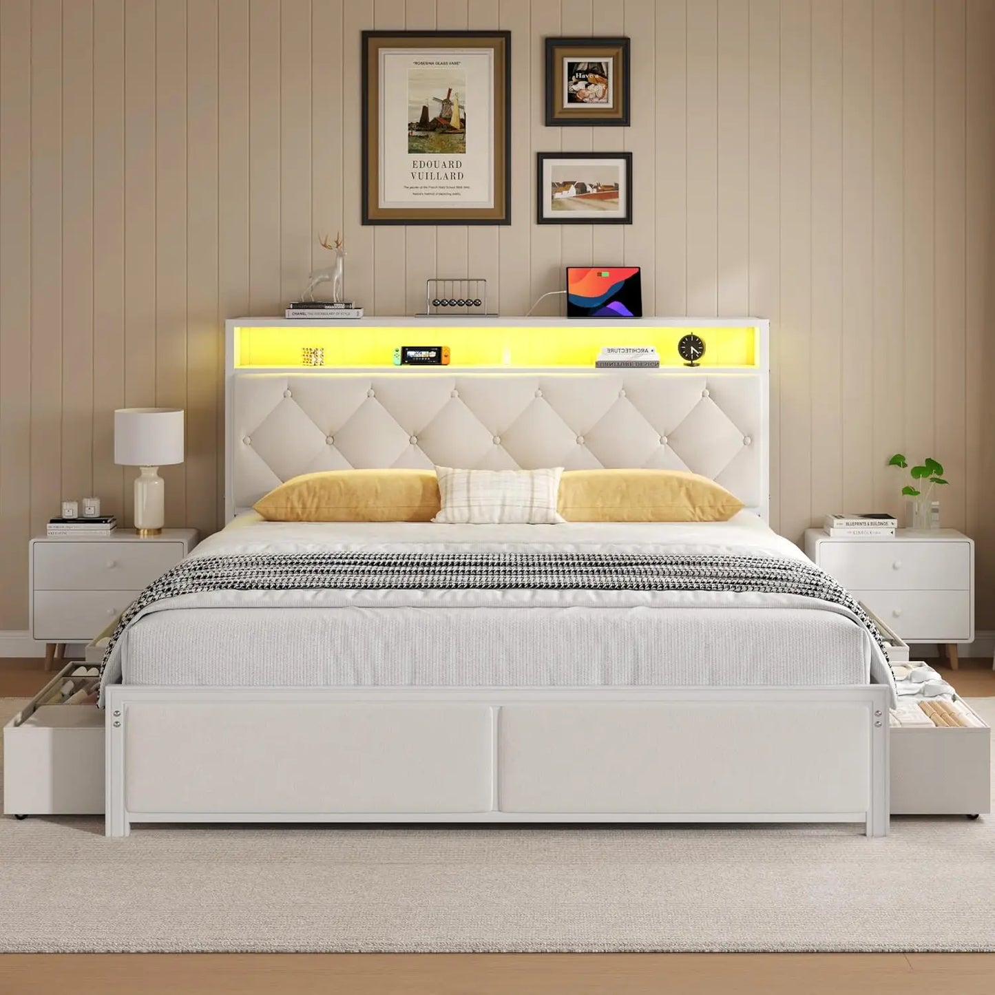 CHENGWEI Bed Frame With Headboard Storage Drawers LED Lights