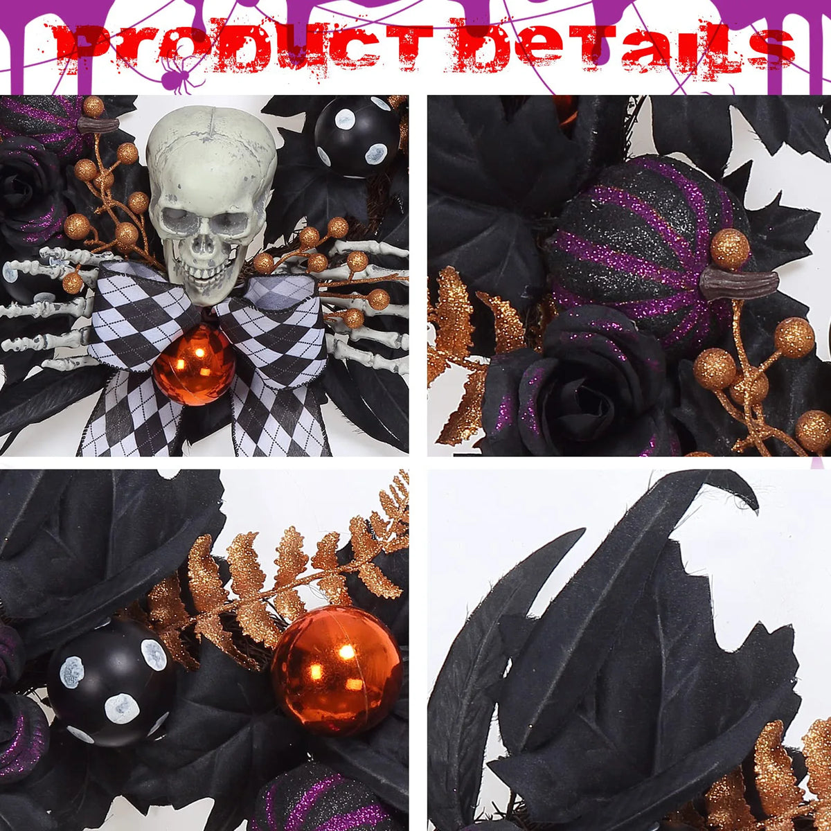 HiMiss Gothic Halloween Skeleton Wreath Front Door Decor